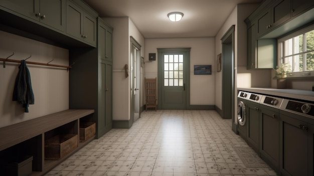 Spacious laundry room in a contemporary home with monochrome finishes in white gray and black washer