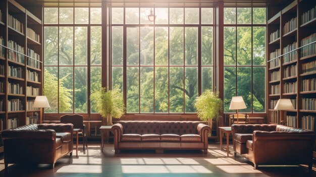 Spacious library lounge with large windows overlooking greenery