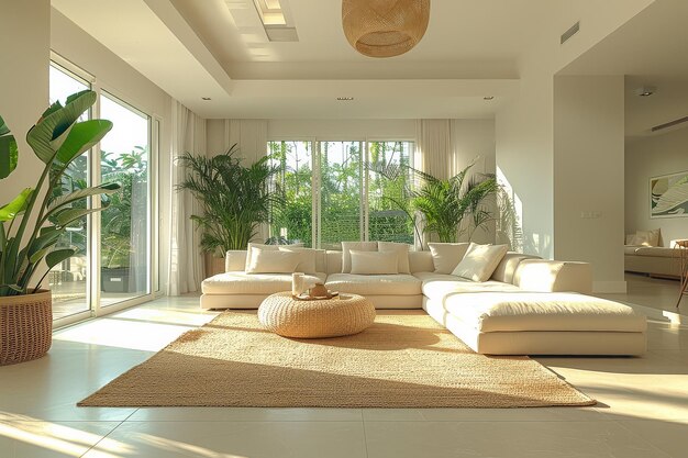 Photo spacious living room decorated in white featuring large windows and potted plants