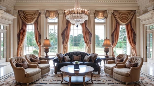 A spacious living room with large windows luxurious furniture and a chandelier