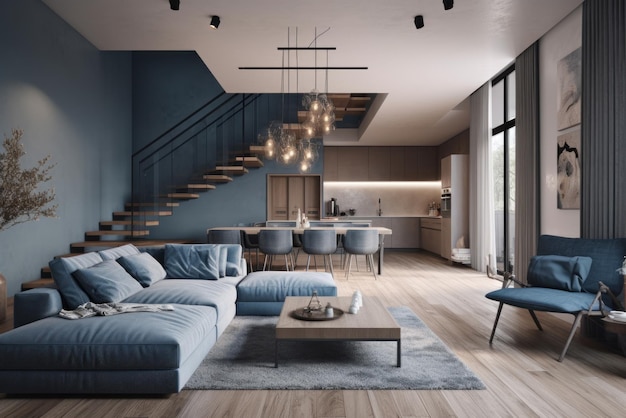 Spacious living room with modern sofas wooden floors pastel colored walls large open space with stairs to the second floor