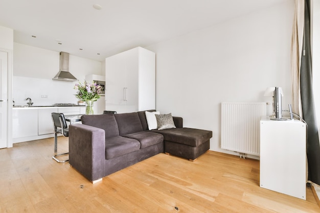 Spacious living room with open kitchen