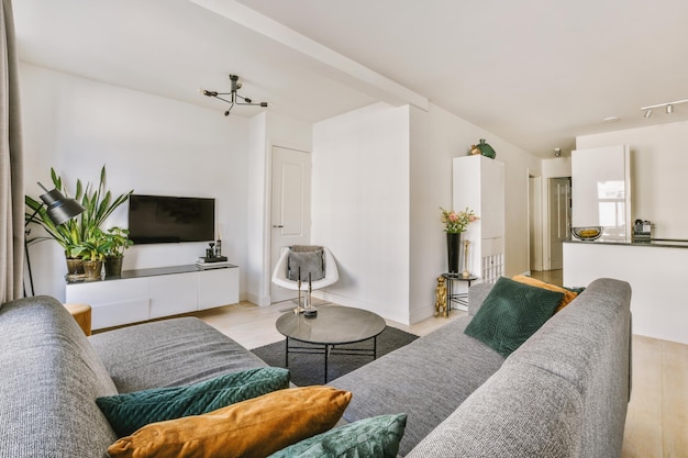 Spacious living room with open kitchen