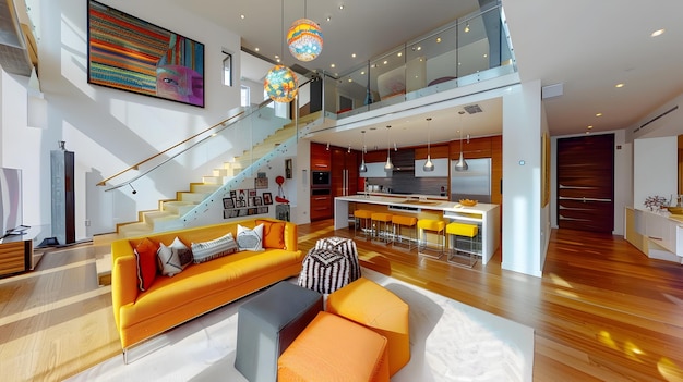 Spacious Living Room with Vibrant Art Pieces and Double Staircase in Modern Sunlit Home