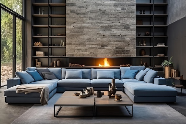 Spacious Loft Interior with Large Blue Sofa Elegant Coffee Table and Cozy Fireplace