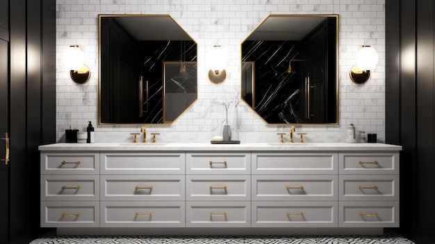 Spacious master bathroom in modern classic style with two sinks A large white cabinet with many drawers mirrors of the original form golden faucets marble countertop