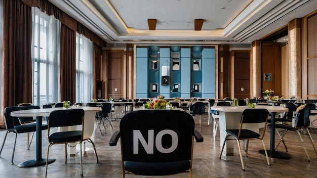 Spacious modern conference room with tables and chairs