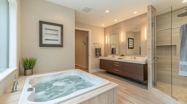 Photo spacious modern contemporary master bathroom with jacuzzi hot tube large glass walk generative ai