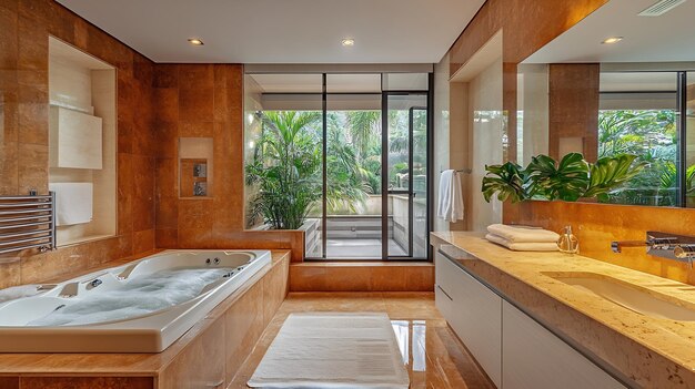 Photo spacious modern contemporary master bathroom with jacuzzi hot tube large glass walk generative ai