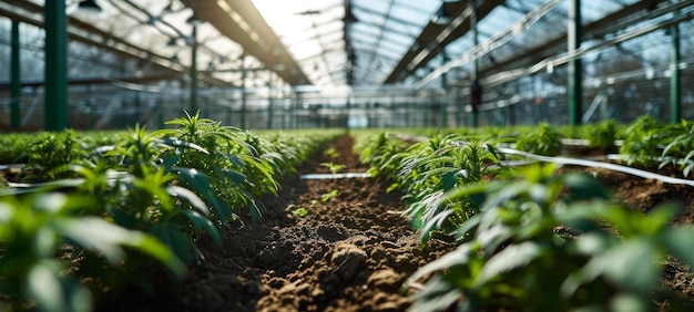 Spacious modern greenhouse with rows of emerging hemp seedlings hightech facility with advanced