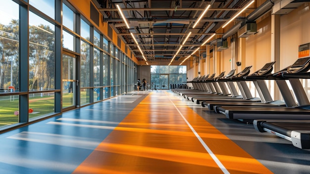 Spacious modern gym with multiple treadmills and large windows providing a bright and motivating workout environment