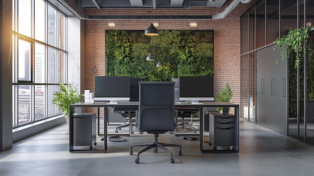 Spacious and Modern Office Design Featuring Glass Wall Ergonomic Desks Plants and Cityscape Scene