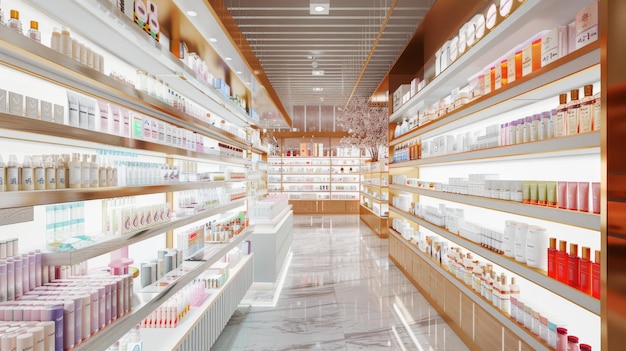 A spacious and modern pharmacy with bright welllit aisles lined with neatly organized skincare and beauty products