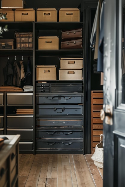 Photo spacious modern system storage organization wardrobe with boxes and containers