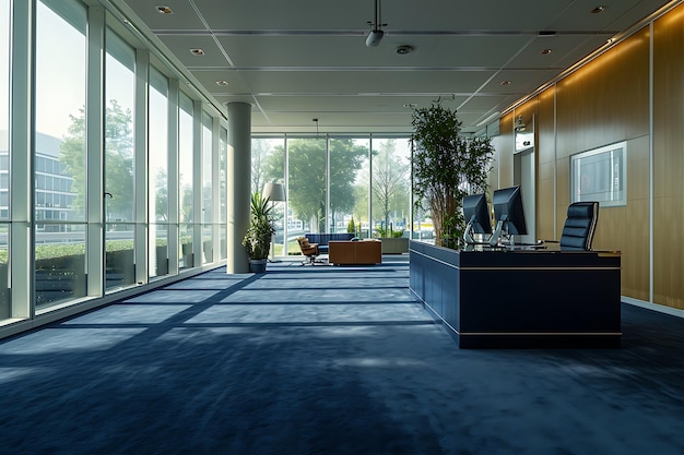 Spacious Office with Computer and Blue Carpet