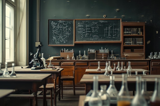 Spacious Room Filled With Numerous Wooden Tables and Chairs Science lab classroom hauntingly empty with test tubes and microscopes AI Generated