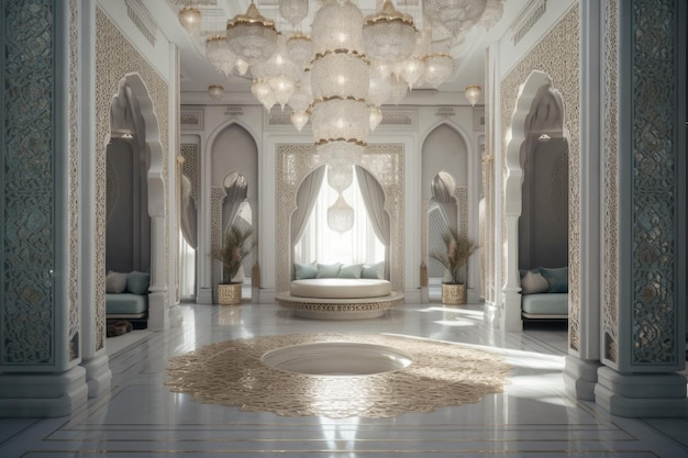 Spacious room with an elegant circular rug and a stunning chandelier Generative AI