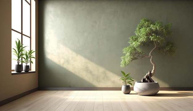 A spacious room with a serene sage green wall and a prominent Japanese bonsai tree AI Generated