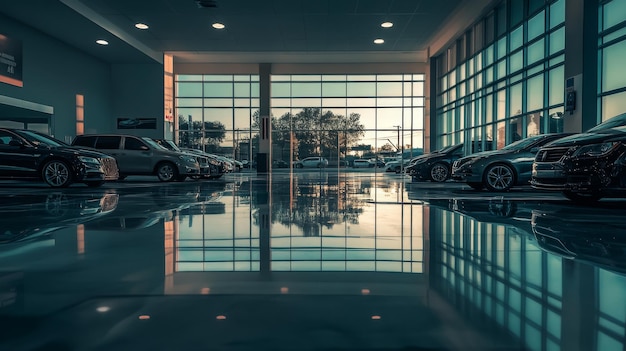 Photo a spacious showroom with a row of cars on display reflecting in the polished floor