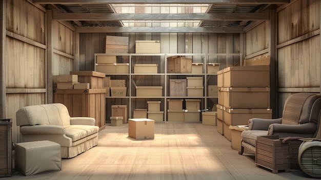 A spacious storage unit filled with neatly stacked boxes