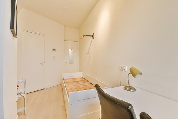 Spacious study room with table and shelves