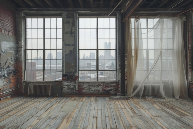 Spacious Urban Loft with Vintage Style Windows Exposed Brick and Hardwood Floor Interior Design