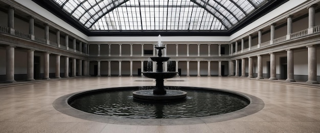 Photo a spacious vacant museum atrium showcasing a central fountain under a glass roof