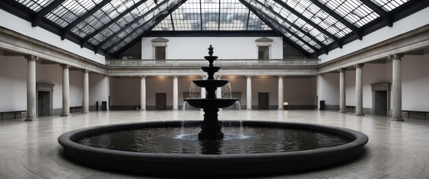 Photo a spacious vacant museum atrium showcasing a central fountain under a glass roof