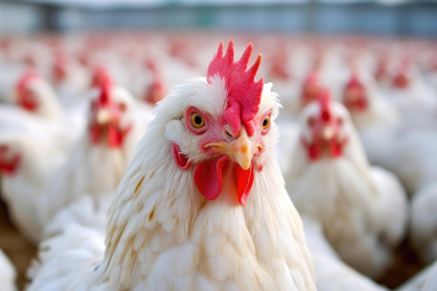 The spacious and well organized environment of a modern chicken farm with a close up shot of a chicken house Generative AI