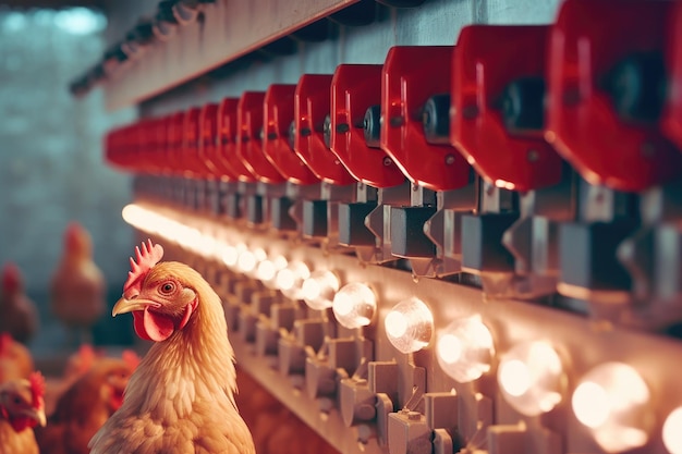 The spacious and well organized environment of a modern chicken farm with a close up shot of a chicken house Generative AI