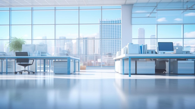 Spacious white office with large windows and shiny floor