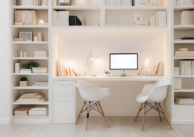 Photo a spacious white study room with bookshelves