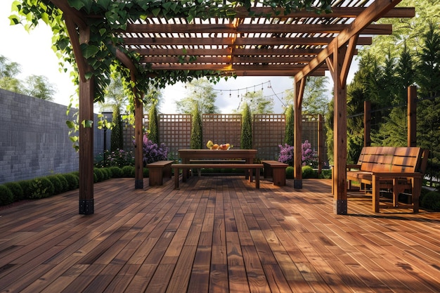 Spacious wooden deck with benches and attached pergola