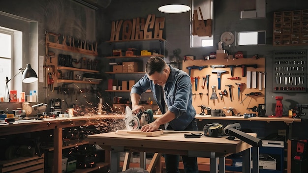 Spacious workshop interior with handyman working with power tools equipment