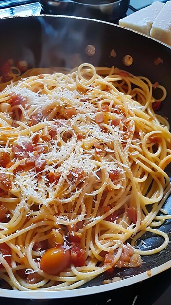 Spaghetti alla Amatriciana with pancetta bacon toma