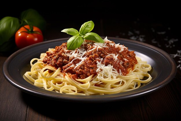 Spaghetti bolognese with basil and parmesan on black background Ai Generated