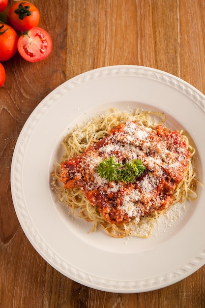 Spaghetti Bolognese on Wooden Table