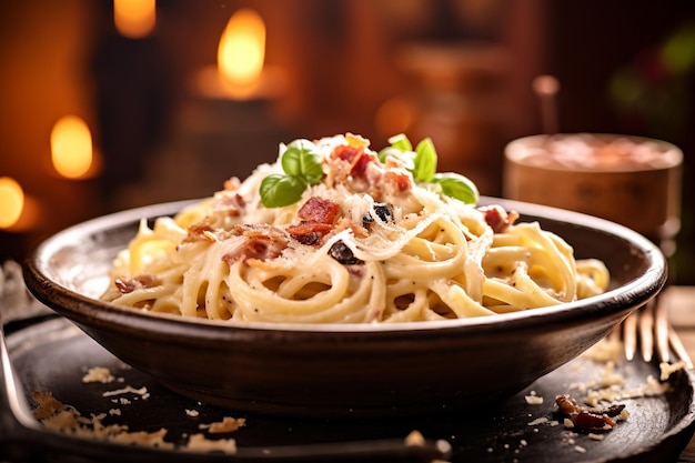 Spaghetti Carbonara on an antique table with the silhouette of the Colosseum under a blue Roman sky