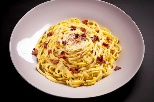 Spaghetti carbonara on glossy rose plate on black background