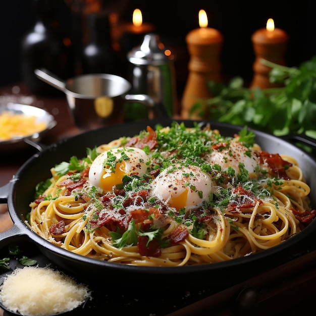 Spaghetti carbonara is an Italian dish made with guanciale pork cheek parmesan eggs and spaghetti AI generated