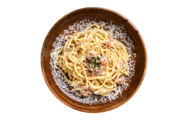 Spaghetti Carbonara pasta with pancetta egg hard parmesan cheese and cream sauce Isolated on white background