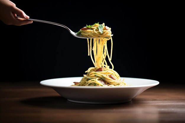 Photo spaghetti carbonara twirled on a fork