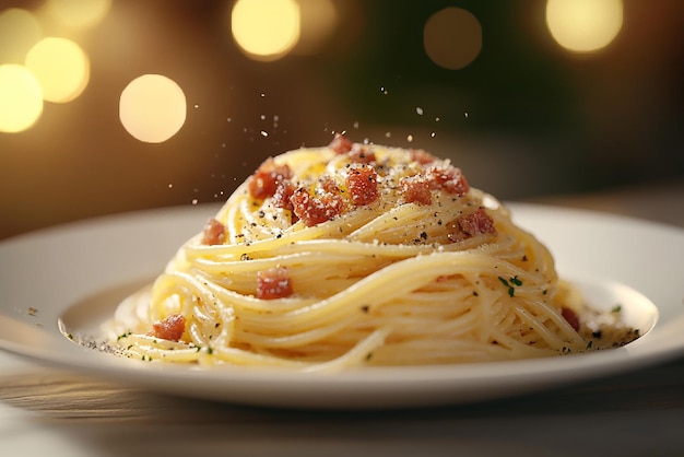 Photo spaghetti carbonara with crispy pancetta