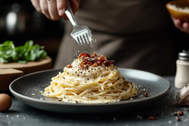 Photo spaghetti carbonara with crispy pancetta