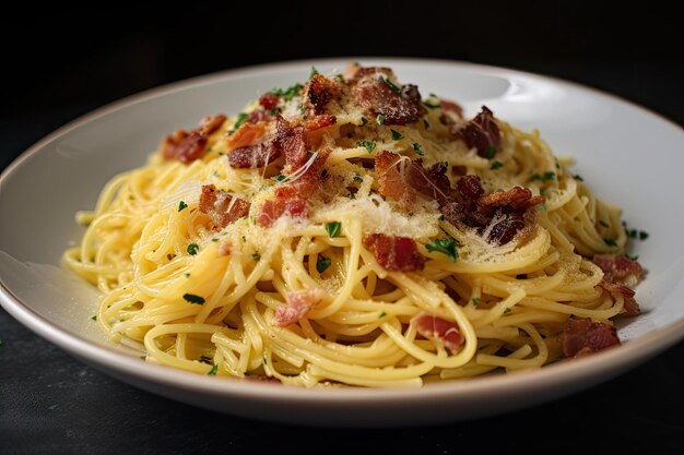 Spaghetti carbonara with extra pancetta and cheese on top created with generative ai