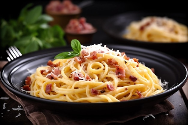 Spaghetti cheese bacon meal italian meat sauce food pasta carbonara Generative AI