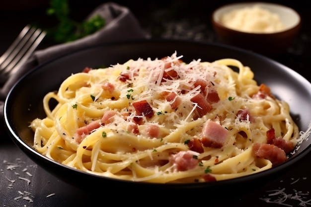 Spaghetti italian bacon sauce pasta meat meal cheese carbonara food Generative AI