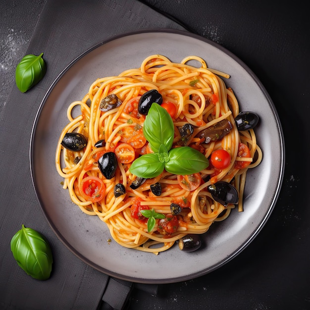 Spaghetti Italian pasta dish with tomatoes black olives capers anchovies Top view Generative AI