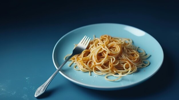 Spaghetti pasta with a fork on a white plate on a blue background Generative Ai