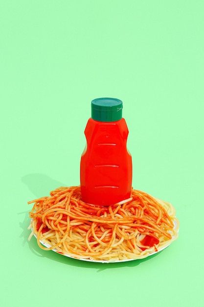 Spaghetti pasta with ketchup on green background Minimalism Diet calory Italian food art concept